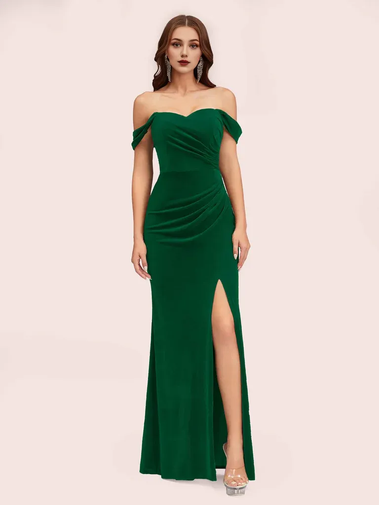 Mermaid Bridesmaid Dresses Velvet Off Shoulder Side Slit