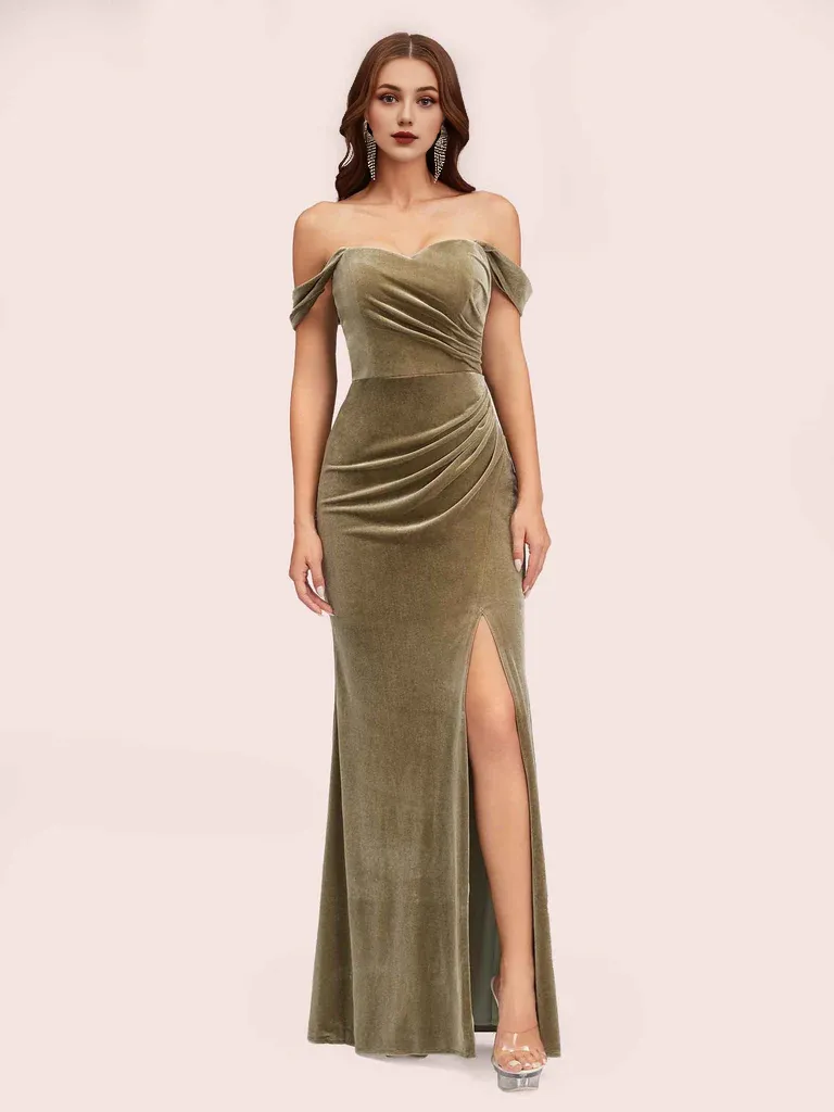 Mermaid Bridesmaid Dresses Velvet Off Shoulder Side Slit