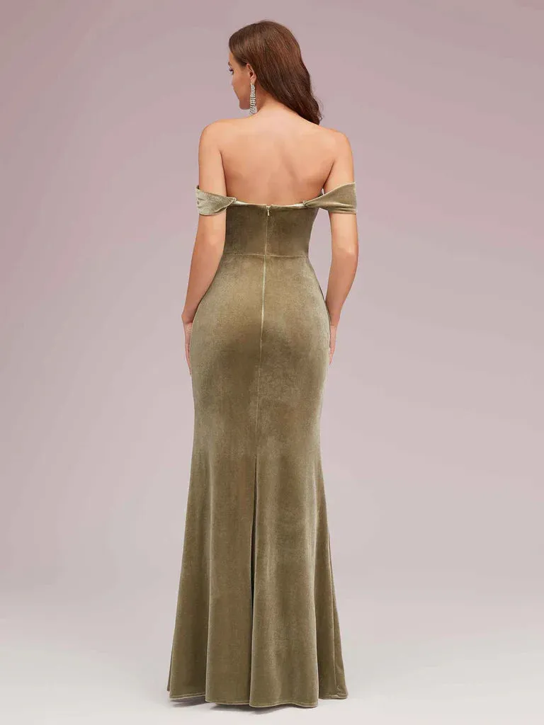 Mermaid Bridesmaid Dresses Velvet Off Shoulder Side Slit