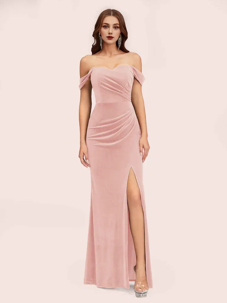 Mermaid Bridesmaid Dresses Velvet Off Shoulder Side Slit