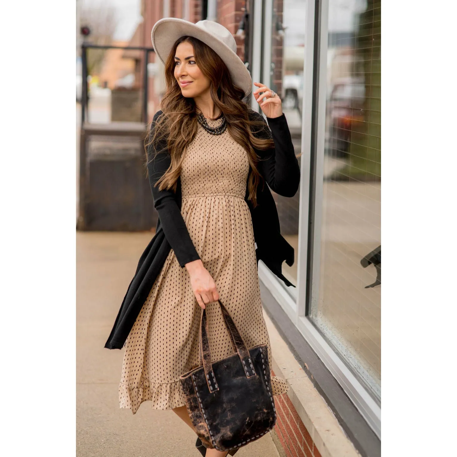 Smocked Diamond Pattern Midi Dress