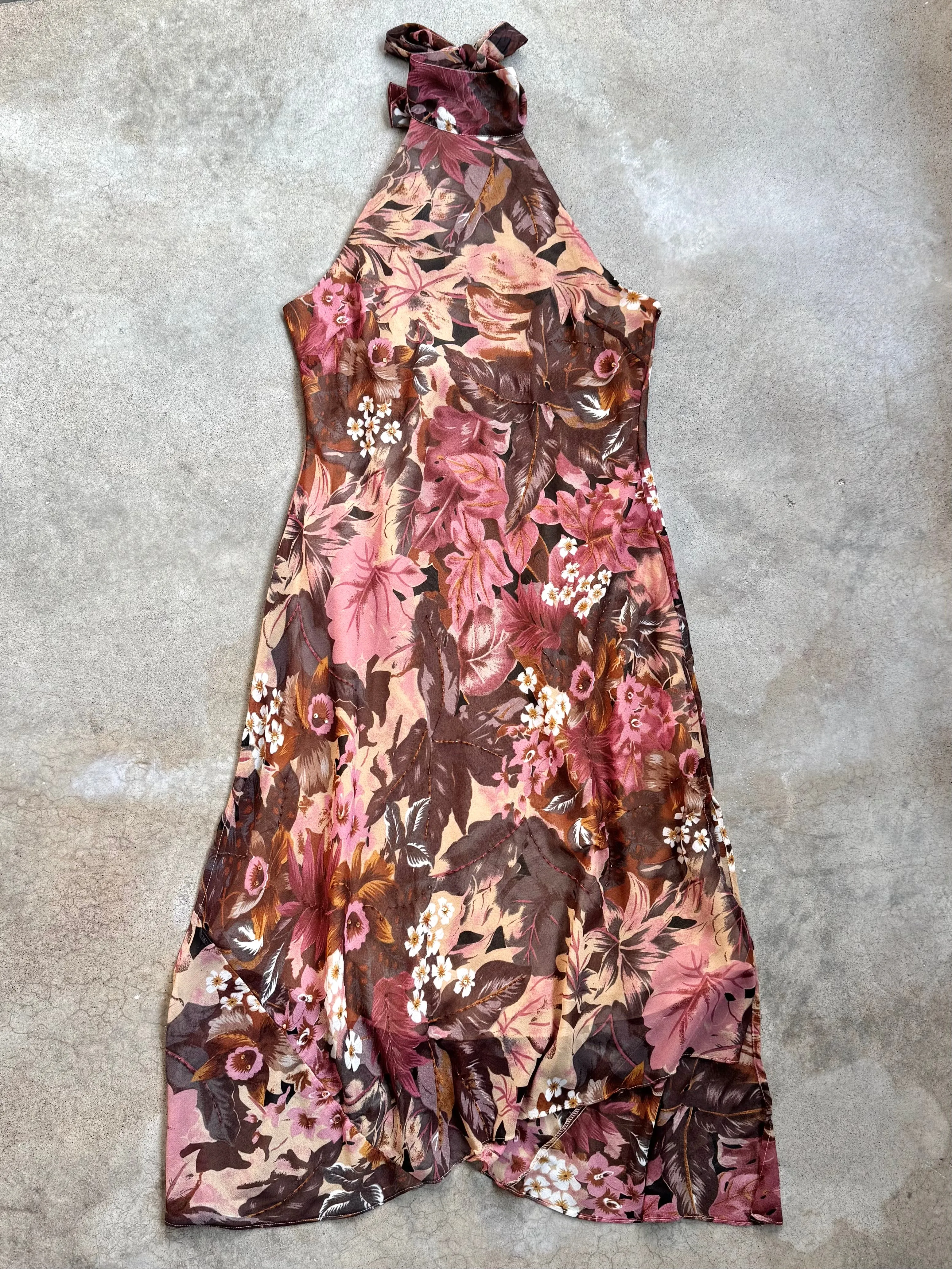 Y2K Floral Beaded Maxi Halter Dress (XL)