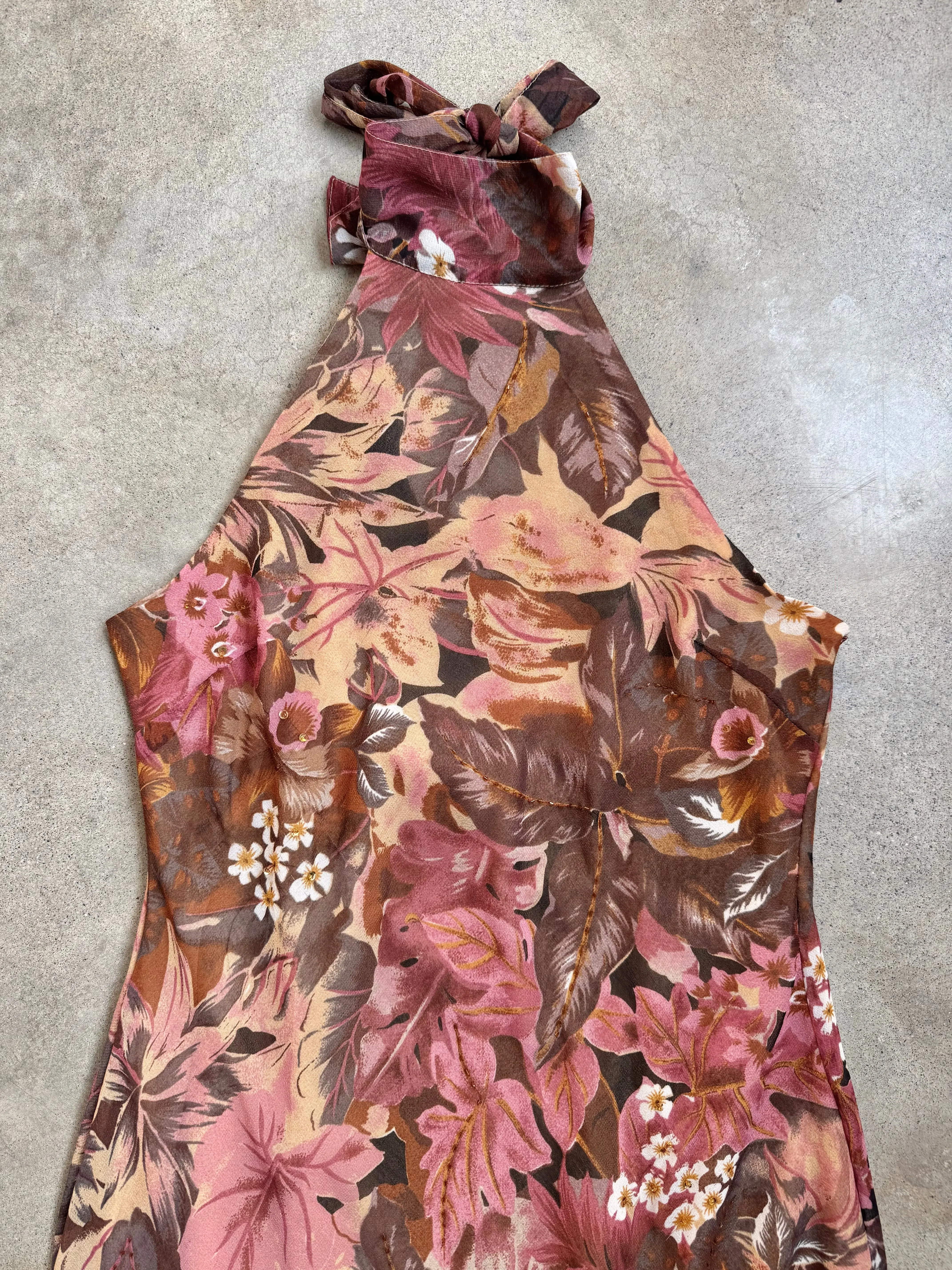 Y2K Floral Beaded Maxi Halter Dress (XL)